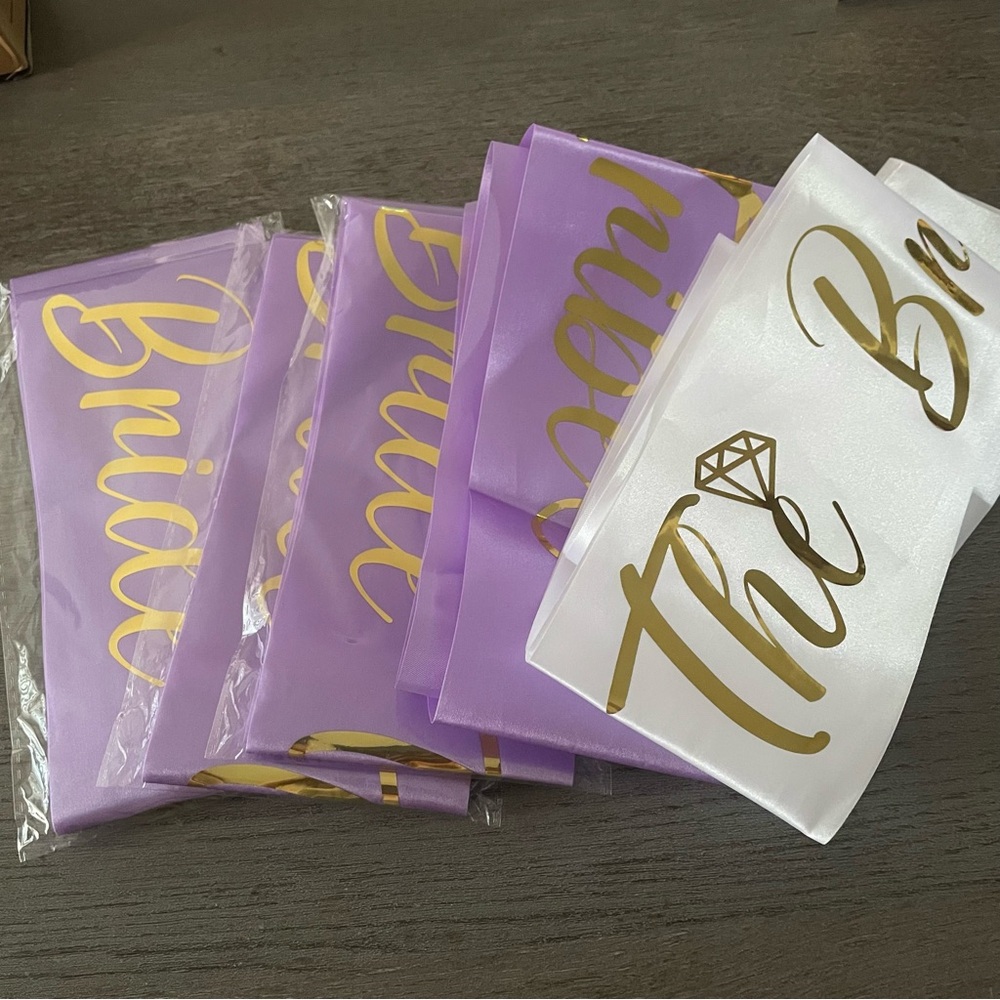 Set of 5 Purple and White Bridal Sashes with Gold Lettering